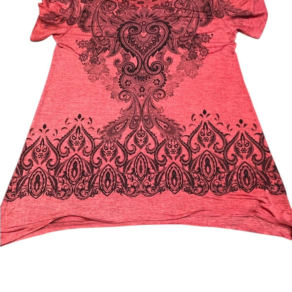 Blue Sky Women’s Red Boho Print Short Sleeve Tunic Top Size Large Flowy Blouse